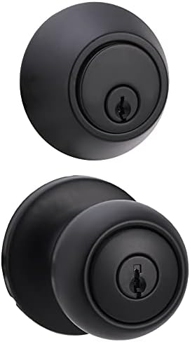 Amazon Basics Exterior Door Knob With Keyed Lock and Deadbolt Coastal Matte Black