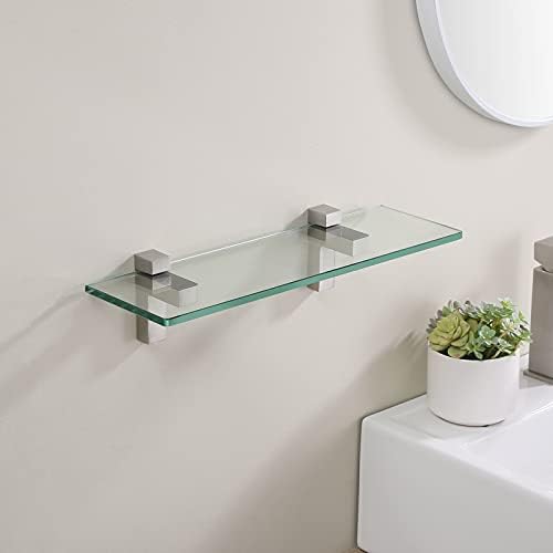 Sturdy Tempered Glass Wall-mounted Bathroom Shelf in Brushed Nickel Finish