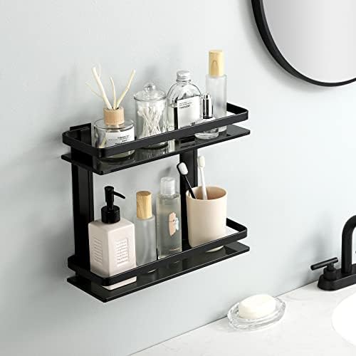 KES 2-Tier Black Tempered Glass Shower Shelf Double Wall-Mounted