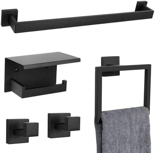 Sturdy Black Towel Bar Set with 5 Pieces for Bathroom