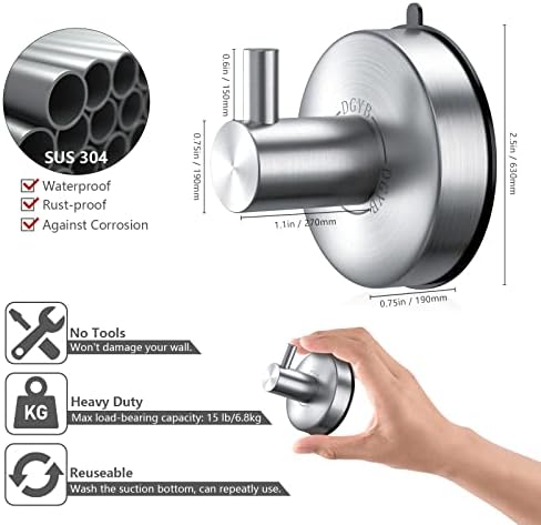 Suction Cup Towel Hooks for Bathrooms brushes Nickel Up to 15LB Capacity Lifetime Warranty