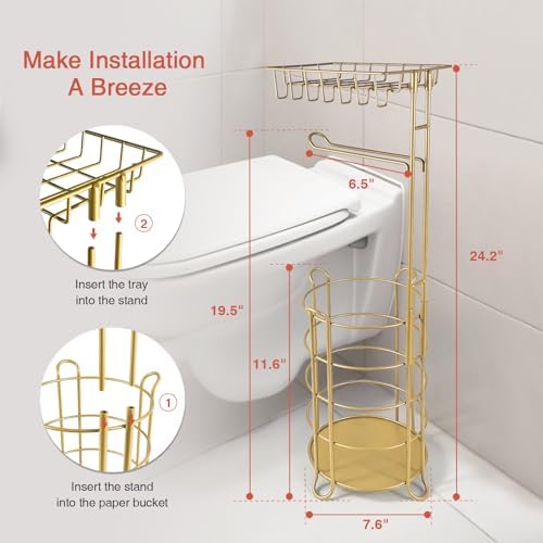Gold Free Standing Toilet Paper Holder with Storage for Phones and Wipes