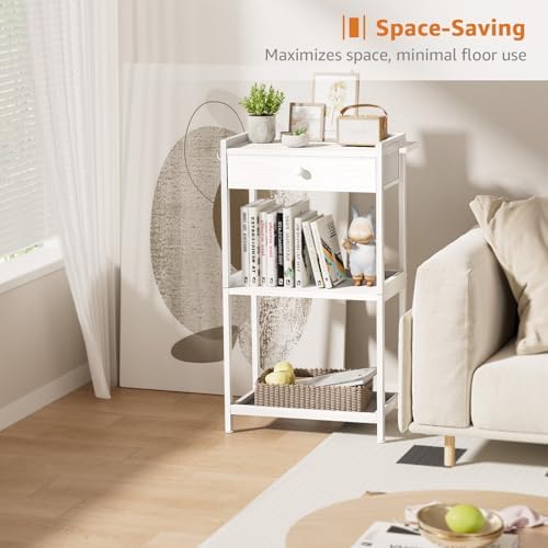 White Bathroom Standing Shelf with Fabric Drawer Compact Storage for Your Washroom