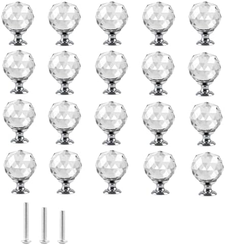 OctinPris 20x Clear Crystal Glass Door Knobs Round Diamond Wardrobe Pulls for Kitchens Offices and More