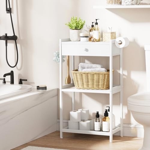 White Bathroom Standing Shelf with Fabric Drawer Compact Storage for Your Washroom