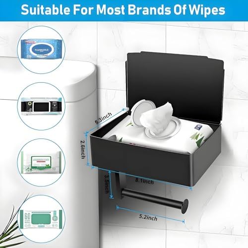 Sturdy Toilet Paper Holder with Storage for Bathroom Use Black Stainless Steel Included Wet Wipes Organizer