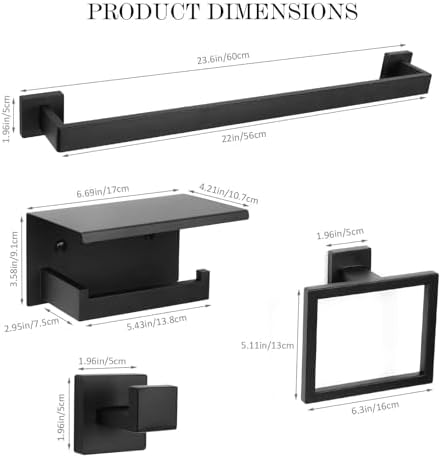 Sturdy Black Towel Bar Set with 5 Pieces for Bathroom