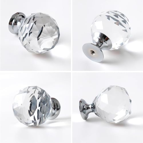 OctinPris 20x Clear Crystal Glass Door Knobs Round Diamond Wardrobe Pulls for Kitchens Offices and More