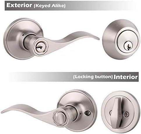Front Door Door Lever Lock Set Zinc Alloy SATIN Nickel Keyed Entry Easy Install