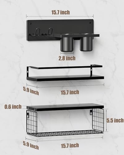Bathroom Floating Storage Shelves with Storage Basket - Black