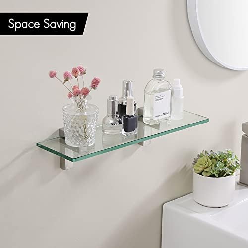 Sturdy Tempered Glass Wall-mounted Bathroom Shelf in Brushed Nickel Finish
