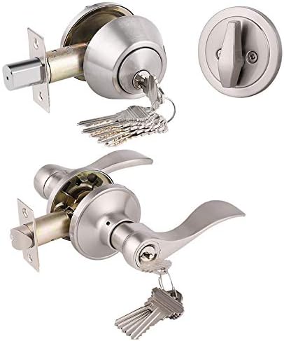 Front Door Door Lever Lock Set Zinc Alloy SATIN Nickel Keyed Entry Easy Install