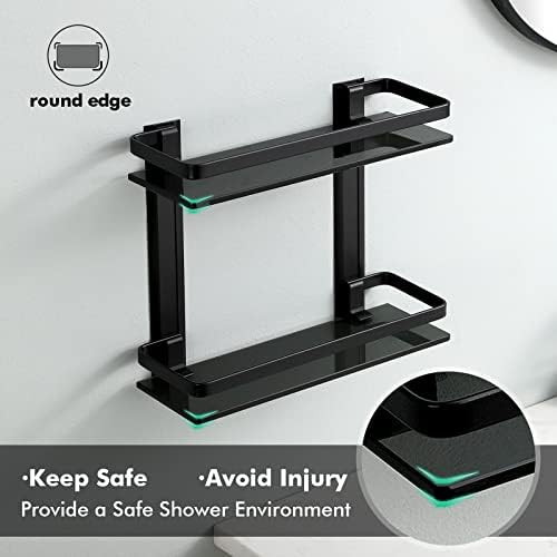 KES 2-Tier Black Tempered Glass Shower Shelf Double Wall-Mounted