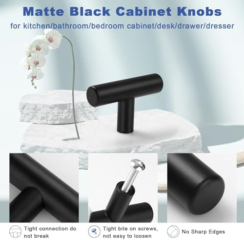 Estmoon 30-Piece Stainless Steel Cabinet Knobs Matte Black T Bar Design for Drawers Cabinets and More