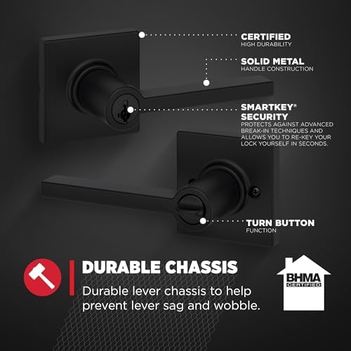 Kwikset Casey Entry Door Handle Secure Keyed Entry Door Lock with SmartKey Rekey Technology Matte Black