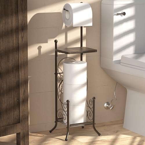 Simple Houseware English Style Bathroom Toilet Tissue Roll Holder Stand with Shelf Bronze