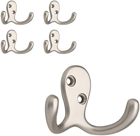 5-Pack Nickel Double Wall Hooks for Coats Bags Towels