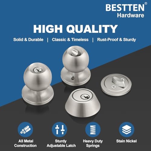 BestTEN Keyed Alike Door knobs and Deadbolt Set SATIN Nickel Finish - Easy Install Secure