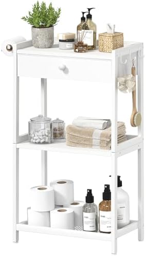 White Bathroom Standing Shelf with Fabric Drawer Compact Storage for Your Washroom