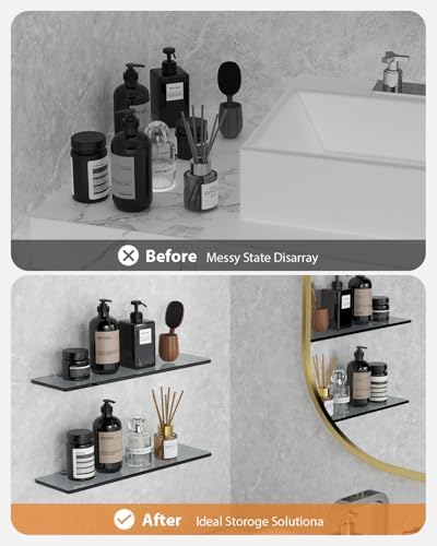 Black Floating Glass Wall Shelves for Bathroom Kitchen