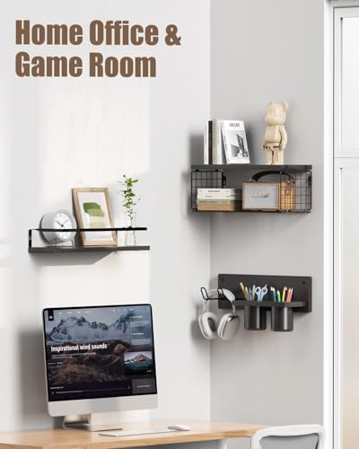 Bathroom Floating Storage Shelves with Storage Basket - Black