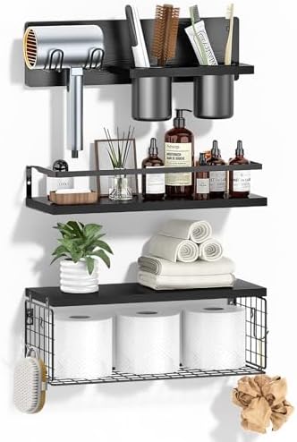 Bathroom Floating Storage Shelves with Storage Basket - Black
