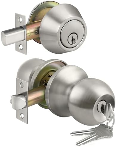 BestTEN Keyed Alike Door knobs and Deadbolt Set SATIN Nickel Finish - Easy Install Secure