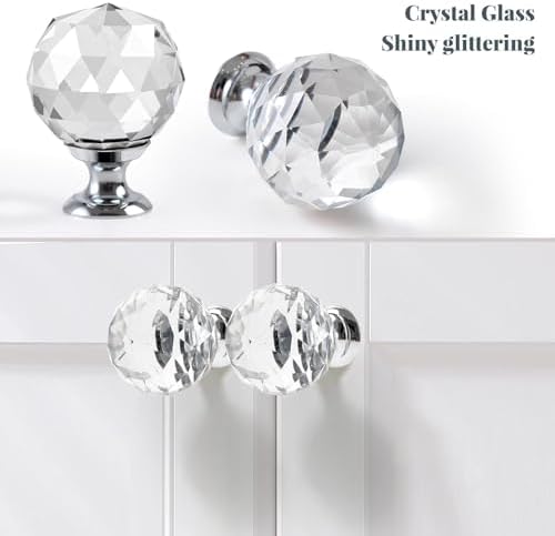 OctinPris 20x Clear Crystal Glass Door Knobs Round Diamond Wardrobe Pulls for Kitchens Offices and More