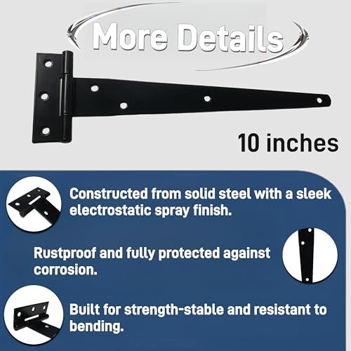 6-Piece Set of 10 Heavy Duty T Hinges with Rust-Proof Black Finish Perfect for Barn Shed and Gate Doors