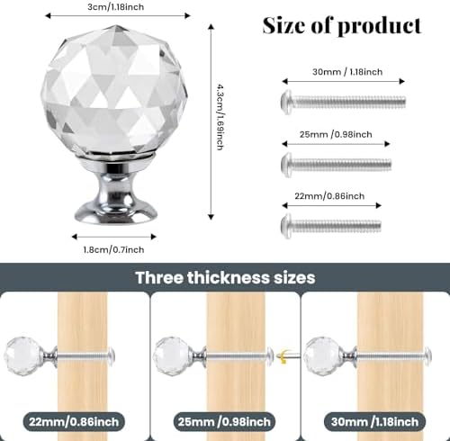 OctinPris 20x Clear Crystal Glass Door Knobs Round Diamond Wardrobe Pulls for Kitchens Offices and More