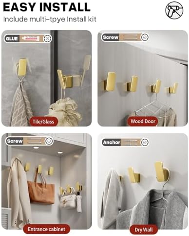 Riv Amber 4-Piece Gold Towel Hook Set for Bathroom Kitchen Bedroom