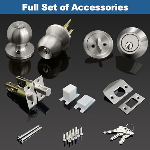 BestTEN Keyed Alike Door knobs and Deadbolt Set SATIN Nickel Finish - Easy Install Secure