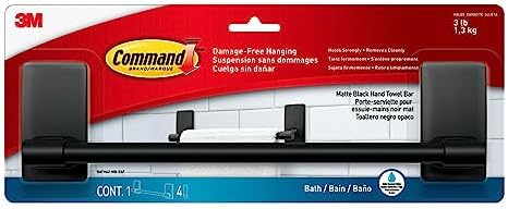 Command Hand Towel Bar Matte Black with Water-Resistant Strips Bathroom Organizations Durable and Easy to Install