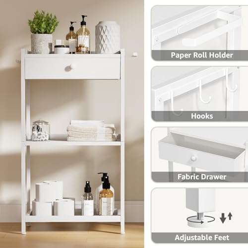 White Bathroom Standing Shelf with Fabric Drawer Compact Storage for Your Washroom