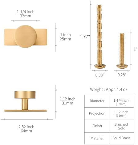 Brass Cabinet Knobs - Modern Brushed Gold Hardware for Dresser Drawer Bedroom Kitchen