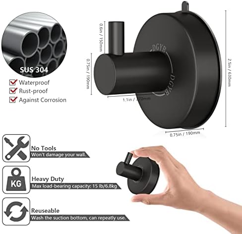 2 Piece Suction Cup Shower Hooks Black Durable Modern Bathroom Towel Hangers