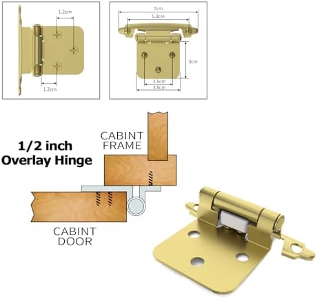 Premium 12 Overlay Hinges 50-Pack Self-Closing Flush Mount Hinges with Door Bumper Brass Gold