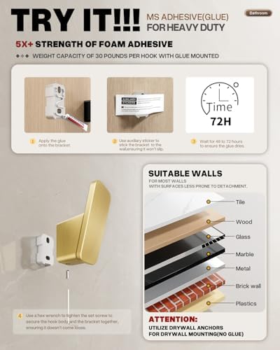 Riv Amber 4-Piece Gold Towel Hook Set for Bathroom Kitchen Bedroom