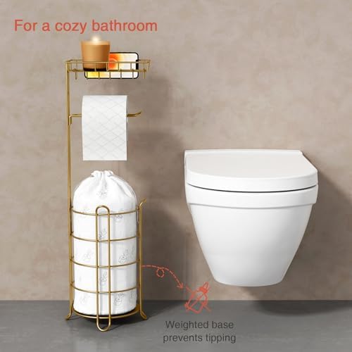 Gold Free Standing Toilet Paper Holder with Storage for Phones and Wipes