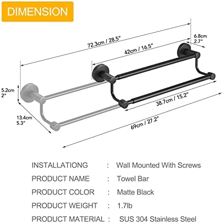 Adjustable 165-285 Double Towel Bar for Bathroom Matte Black