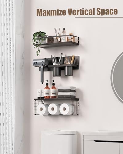 Bathroom Floating Storage Shelves with Storage Basket - Black
