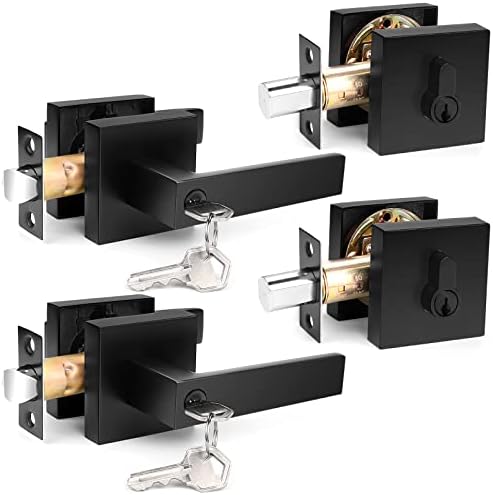 Probrico Square Entry Levers and Single Cylinder Deadbolts Combo Pack Flat Black Reversible Door Hardware Set