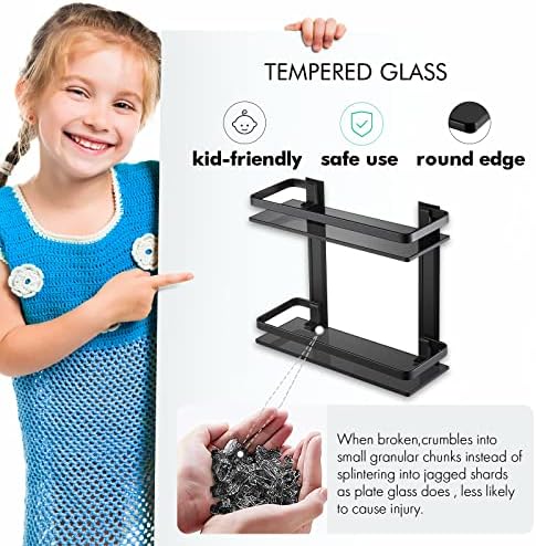 KES 2-Tier Black Tempered Glass Shower Shelf Double Wall-Mounted