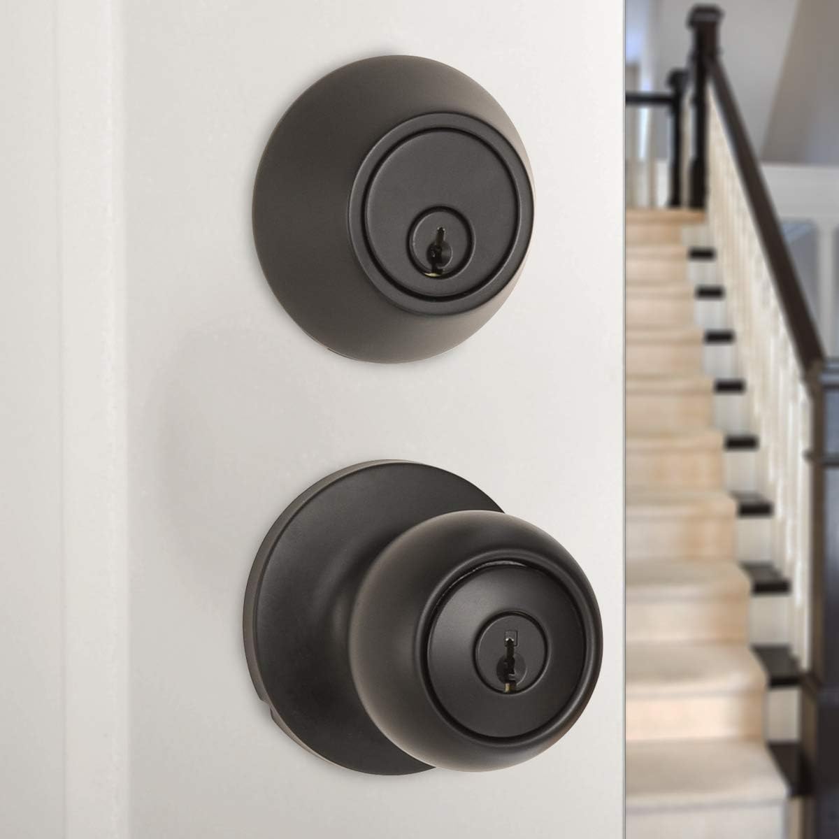 Amazon Basics Exterior Door Knob With Keyed Lock and Deadbolt Coastal Matte Black