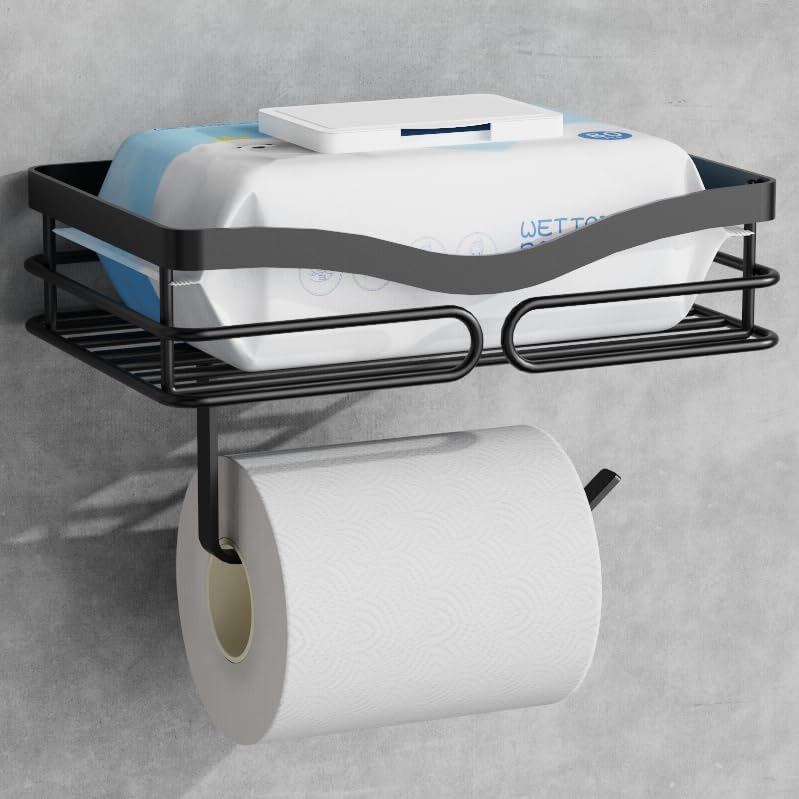 AIDILI Sleek Wall-Mounted Toilet Paper Holder with Storage Black for Modern Bathrooms