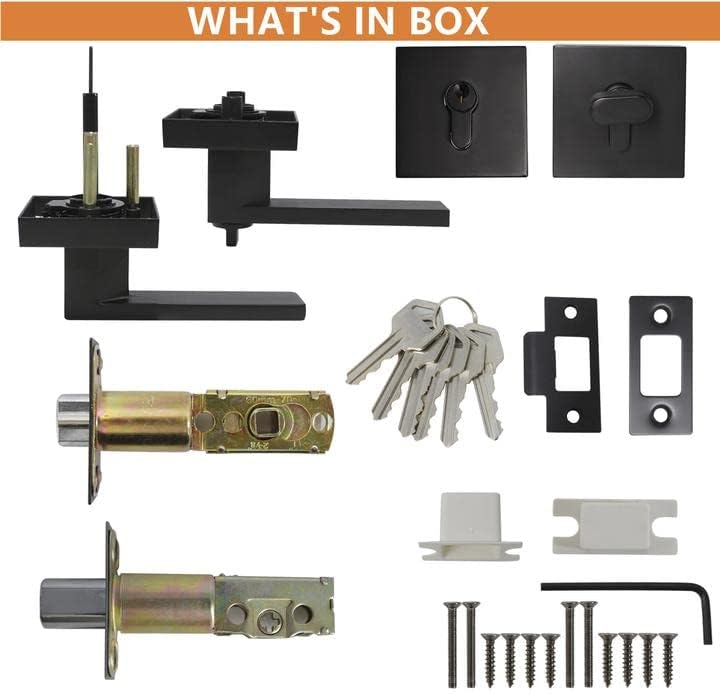 Probrico Square Entry Levers and Single Cylinder Deadbolts Combo Pack Flat Black Reversible Door Hardware Set