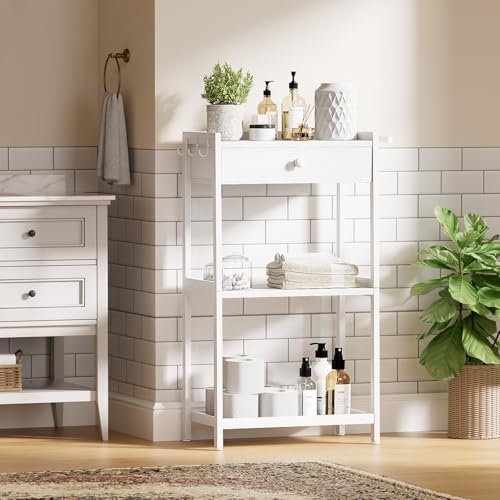 White Bathroom Standing Shelf with Fabric Drawer Compact Storage for Your Washroom