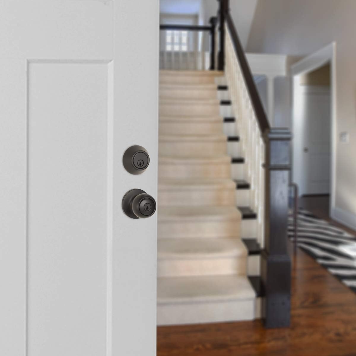 Amazon Basics Exterior Door Knob With Keyed Lock and Deadbolt Coastal Matte Black