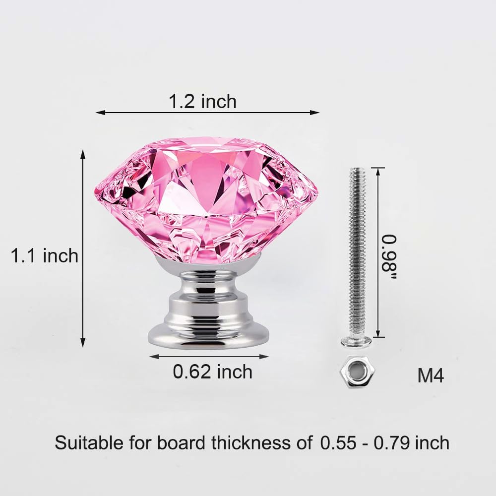 5-Piece Crystal Cabinet Knobs - 30mm Pink Crystal knobs for drawers dressers kitchen and more