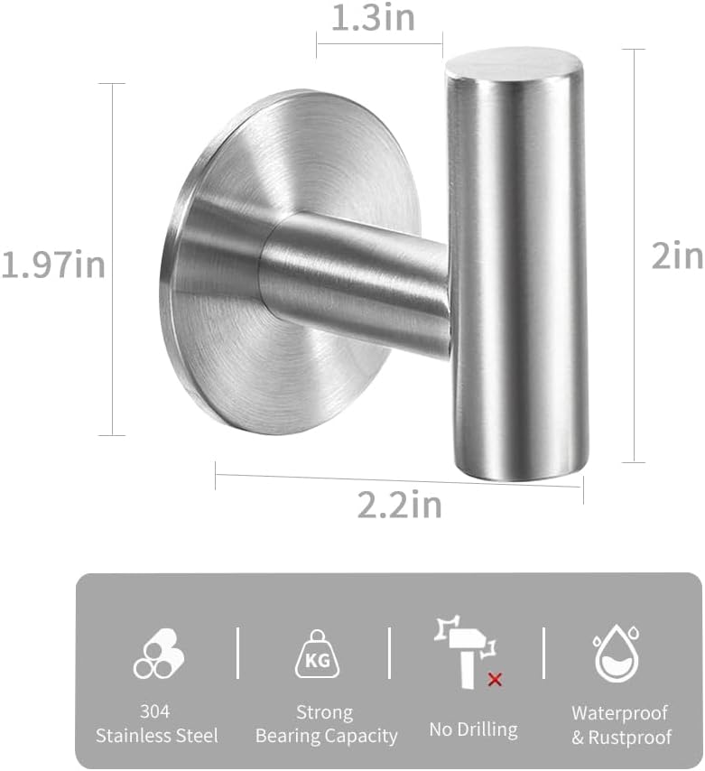 Vuzvuv Adhesive Hooks - Heavy Duty Stainless Steel Towel for Bathroom Kitchen Hotel Use